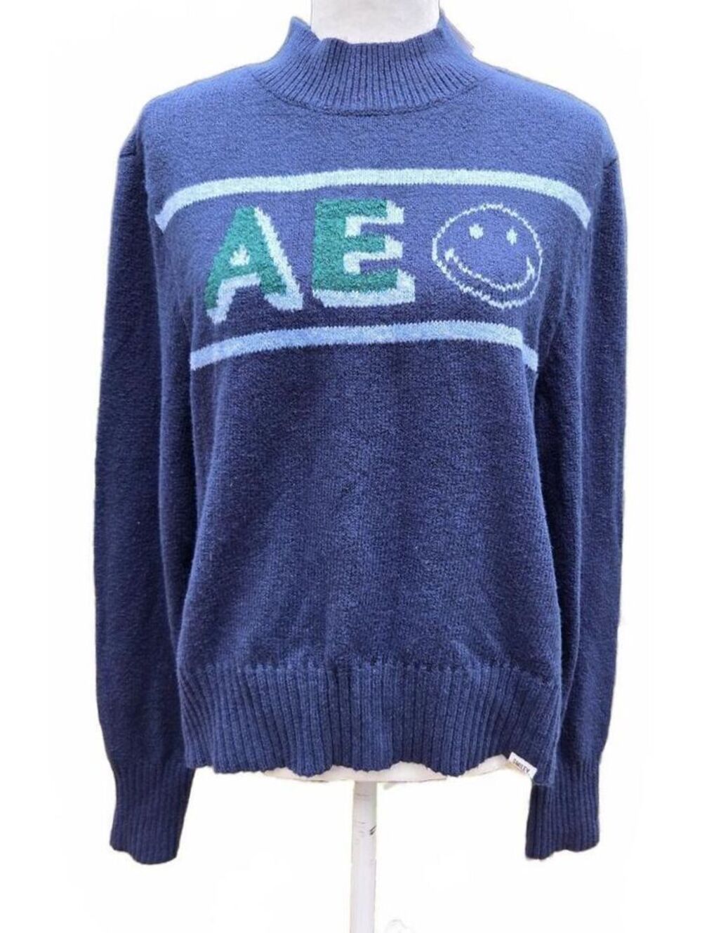 NWT American Eagle x Smiley Blue Mock Neck Logo Knit Sweater XL Unisex